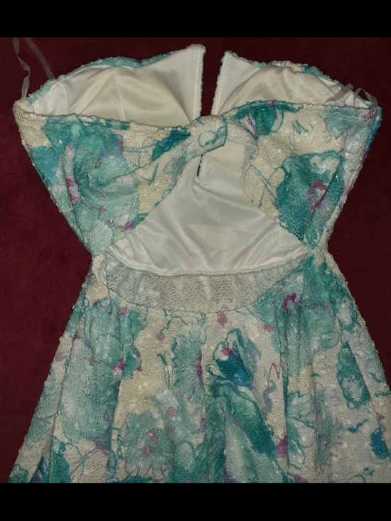 Source Unknown Cream Strapless Floral A-Line Dress with Teal and Purple Accents - Picture 4 of 5